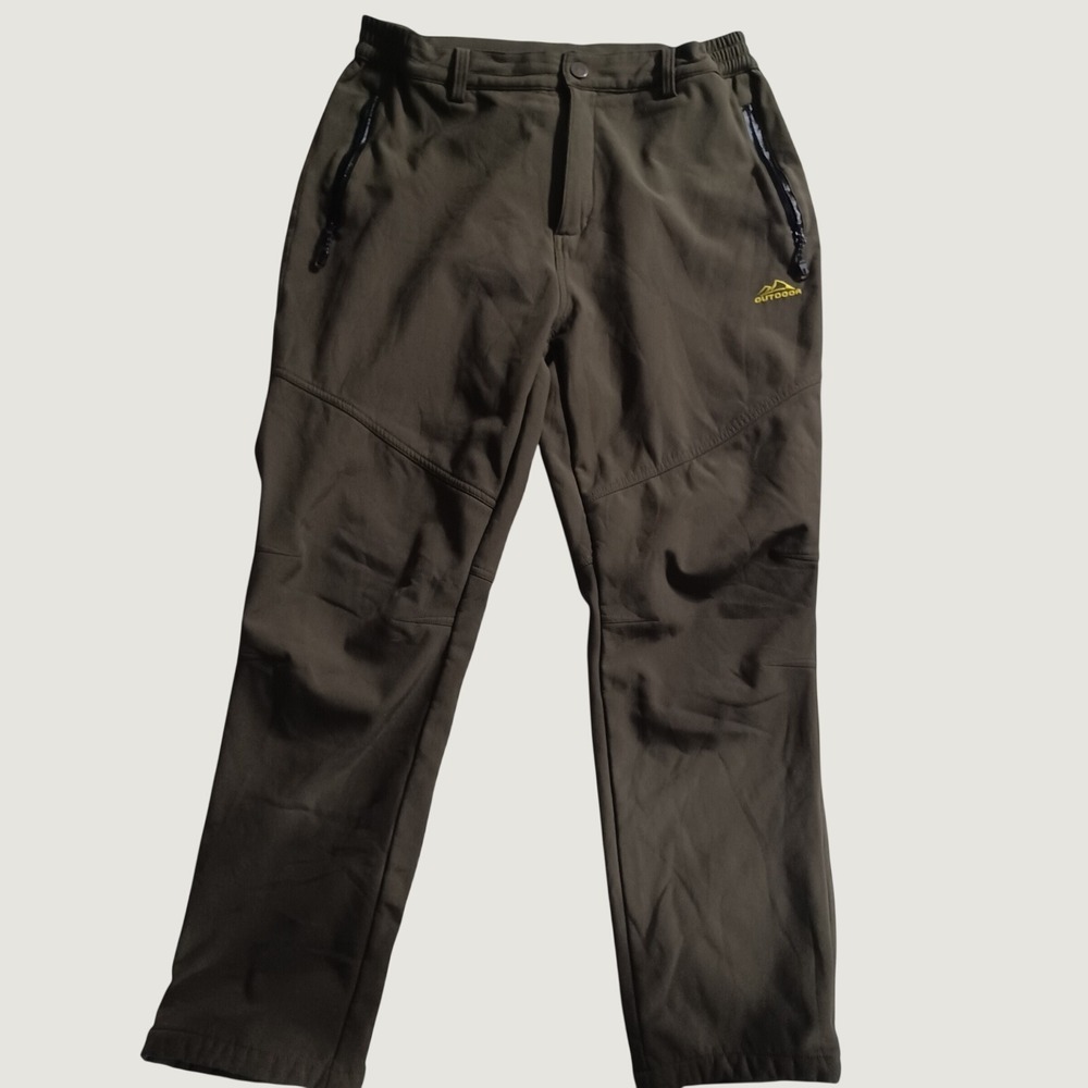 Outdoor Mens Softshell Fleece Lined Hiking Pants Olive Green Zipper Pocket 32x30